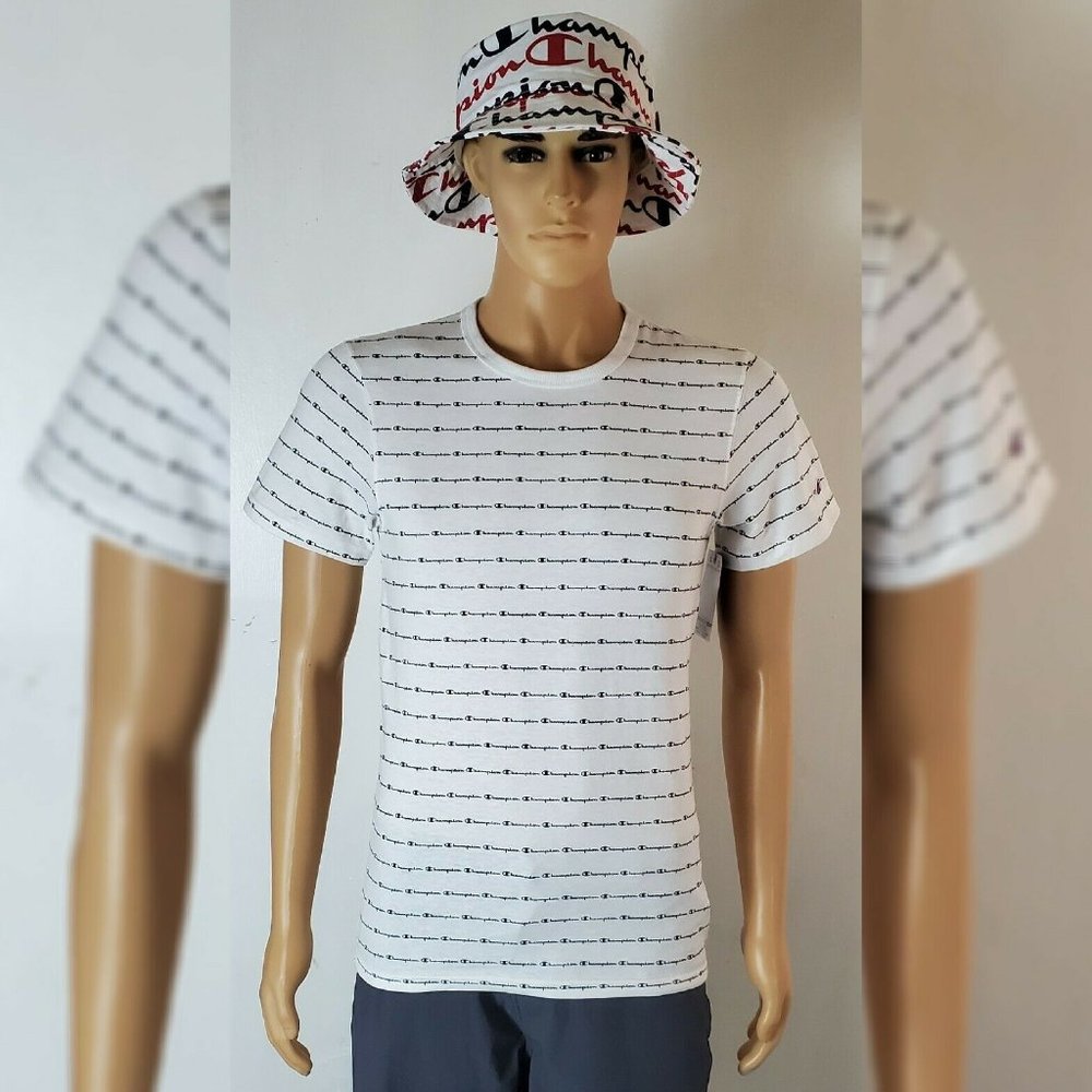 CHAMPION ALL-OVER PRINTSTRIPE SCRIPT PRINT TSHIRT MEN'S SHORT SLEEVE WHITE